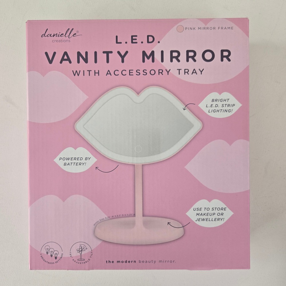 Danielle Creations Vanity Mirror Pink Lip Shaped LED Lighted Accessory Tray y2k